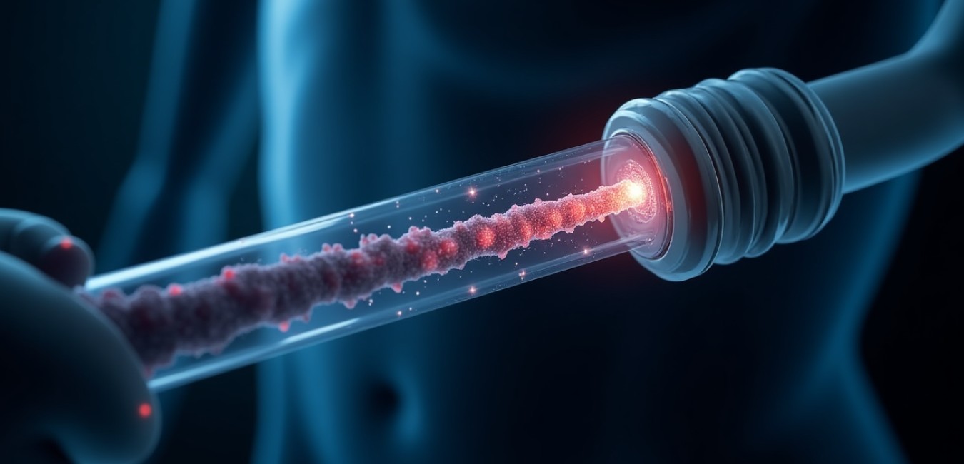 Schematyczne przedstawienie działania solifenacyny i tamsulosiny na stent moczowodowy w ciemnej, kontrastowej stylistyce